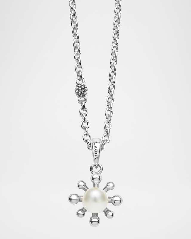 Luna Fleur Floral Pearl Pendant Necklace in Sterling Silver, 16"L